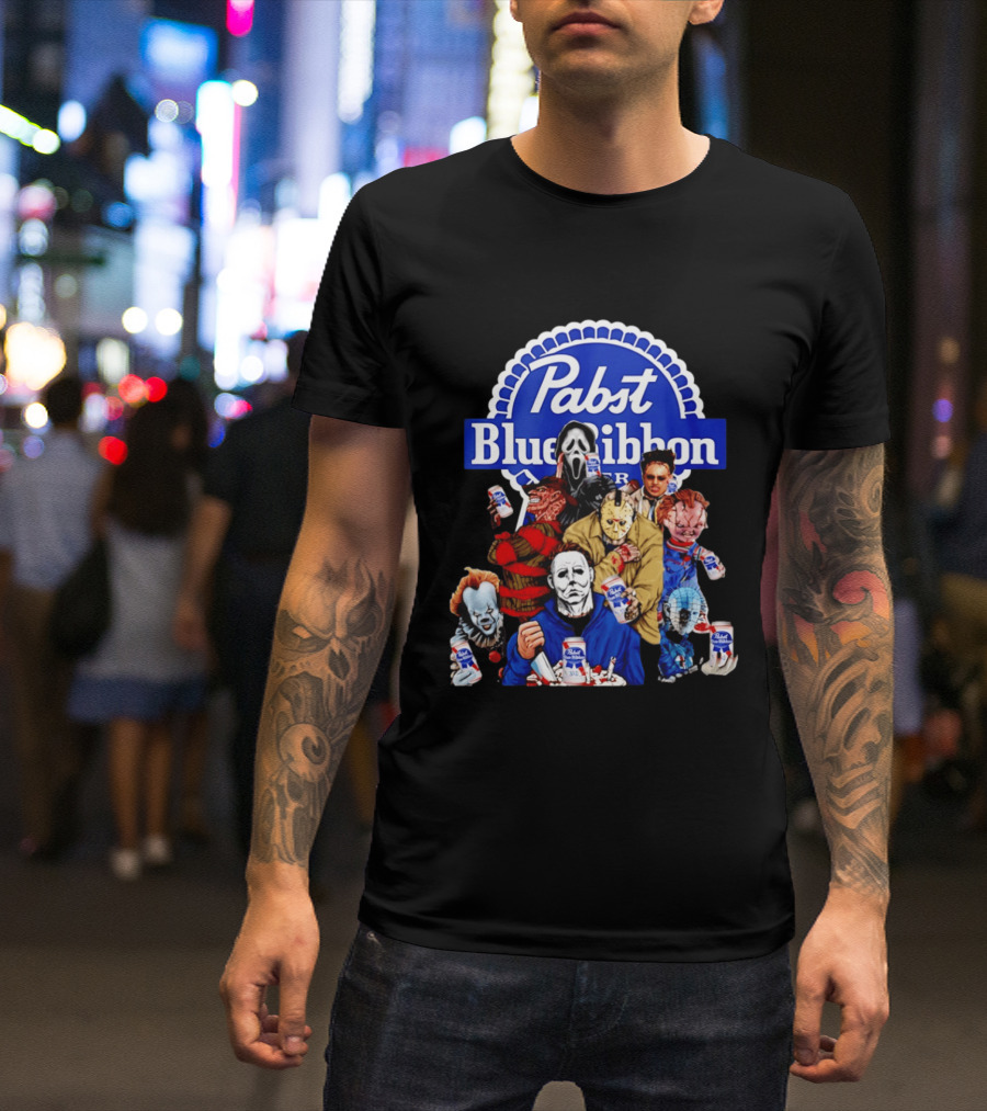 Pabst Blue Ribbon Horror Movie Characters Drinking Beer T-Shirt