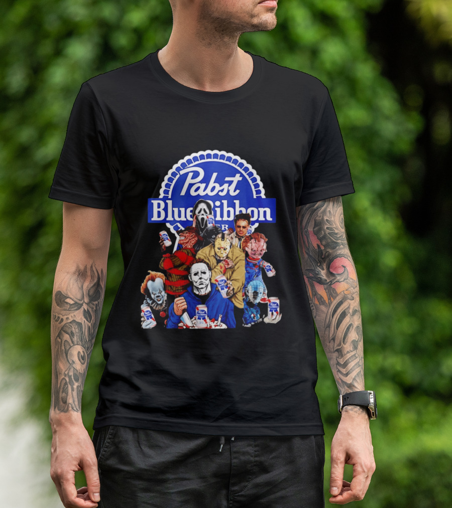 Pabst Blue Ribbon Horror Movie Characters Drinking Beer T-Shirt