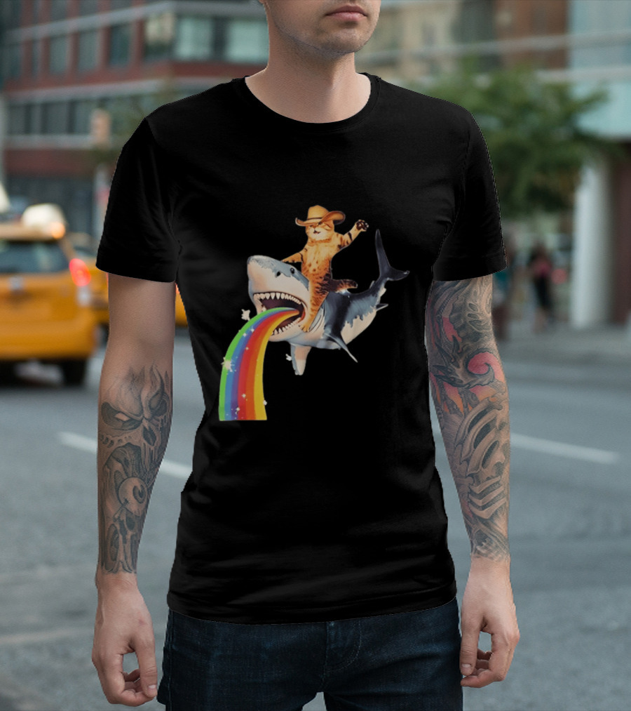 Cowboy Cat Riding Shark With Rainbow T-Shirt