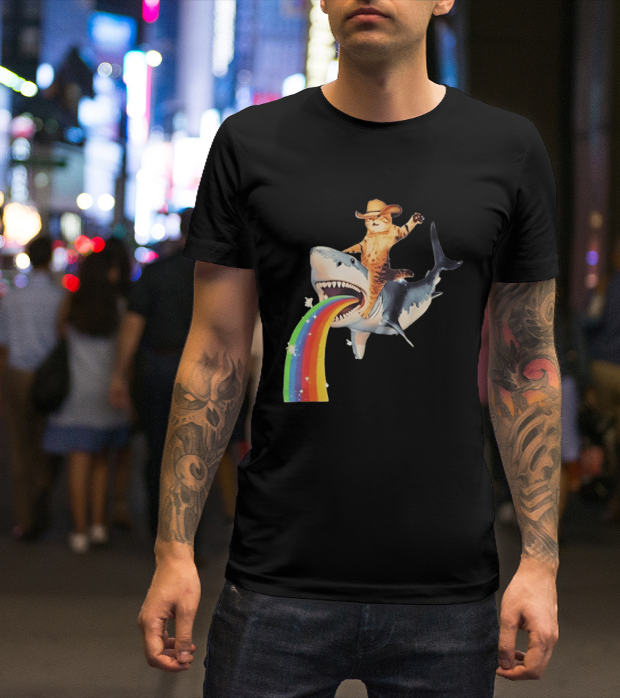 Cowboy Cat Riding Shark With Rainbow T-Shirt