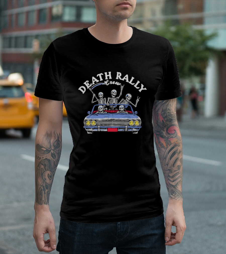 Death Rally Crew Skeletons In Convertible Car With Grim Reaper T-Shirt