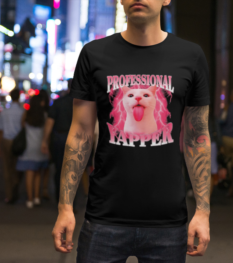 Professional Yapper Cat Pink Lightning Tongue Out T-Shirt