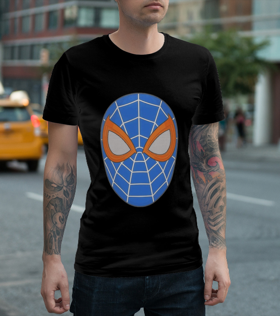 Spidey Spider Man Blue Mask With Orange Eyes And Web T-Shirt