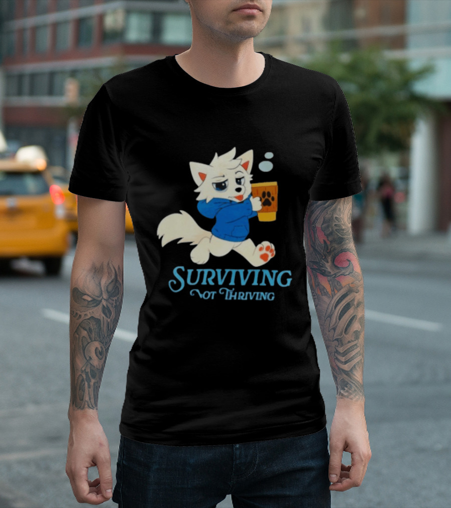 Surviving Not Thriving Cute Fox Coffee Paw Print T-Shirt