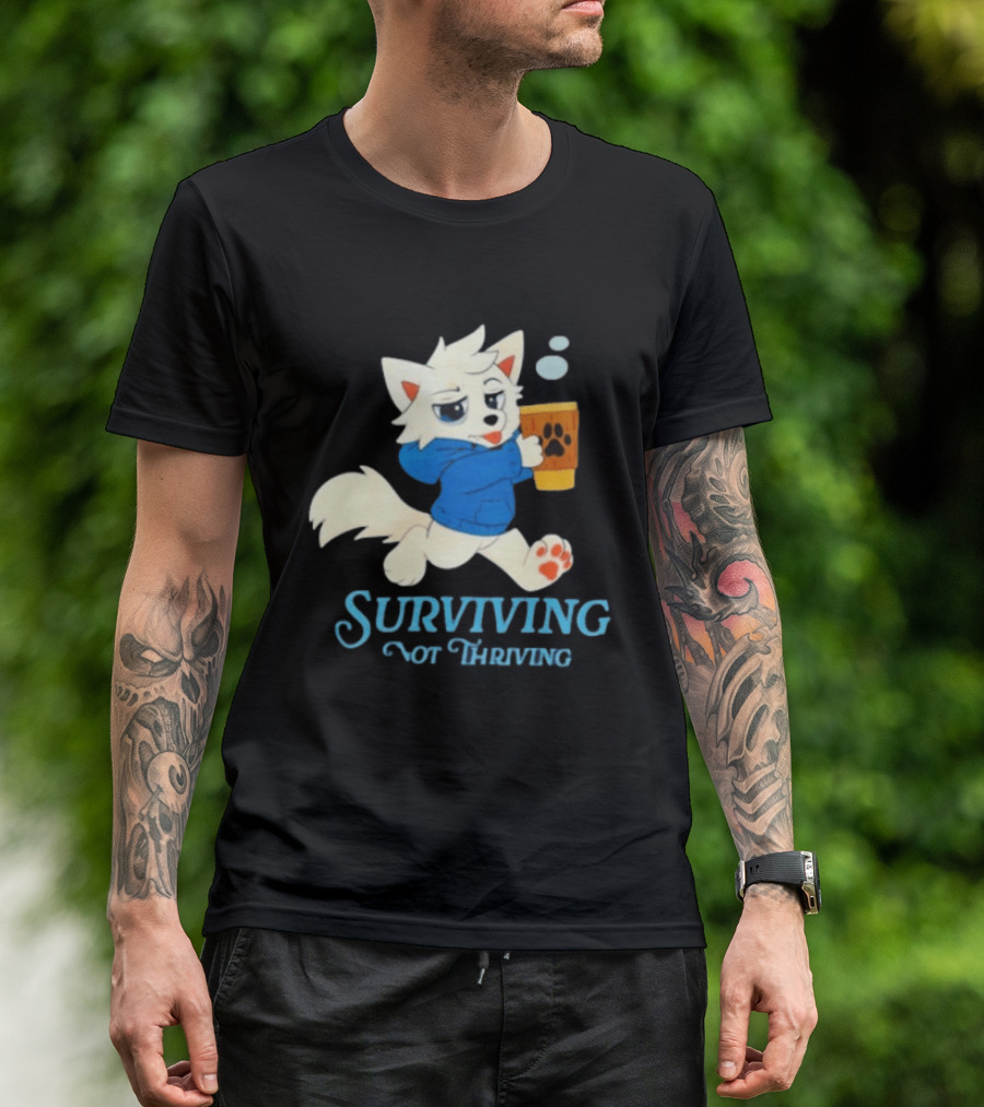 Surviving Not Thriving Cute Fox Coffee Paw Print T-Shirt