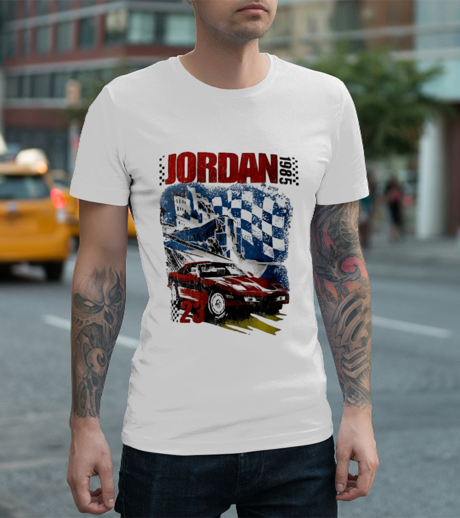 Jordan 23 Racing Brooklyn 1985 Checkered Red Sports Car Blue Flag T-Shirt