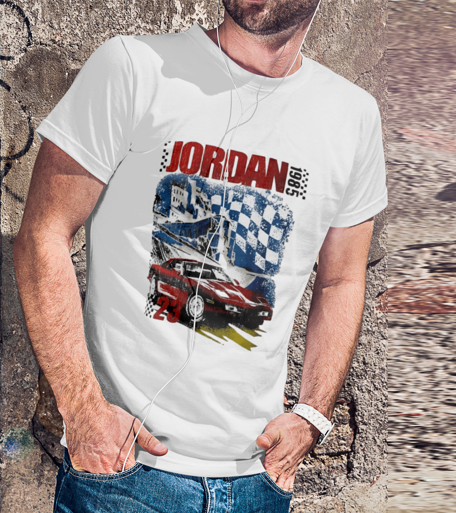 Jordan 23 Racing Brooklyn 1985 Checkered Red Sports Car Blue Flag T-Shirt