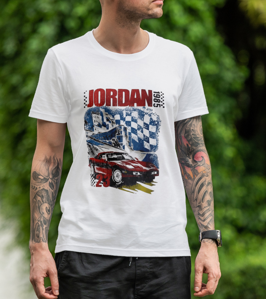 Jordan 23 Racing Brooklyn 1985 Checkered Red Sports Car Blue Flag T-Shirt