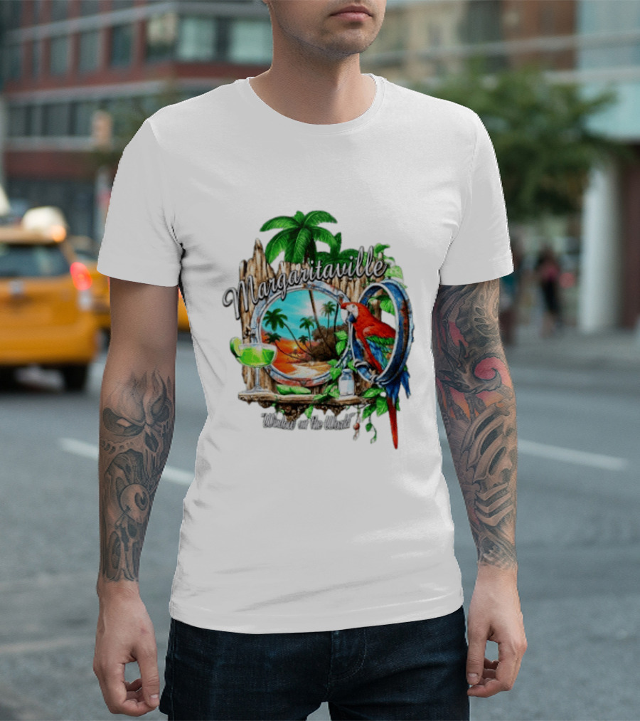 Margaritaville Tropical Parrot Beach Scene Window On The World T-Shirt