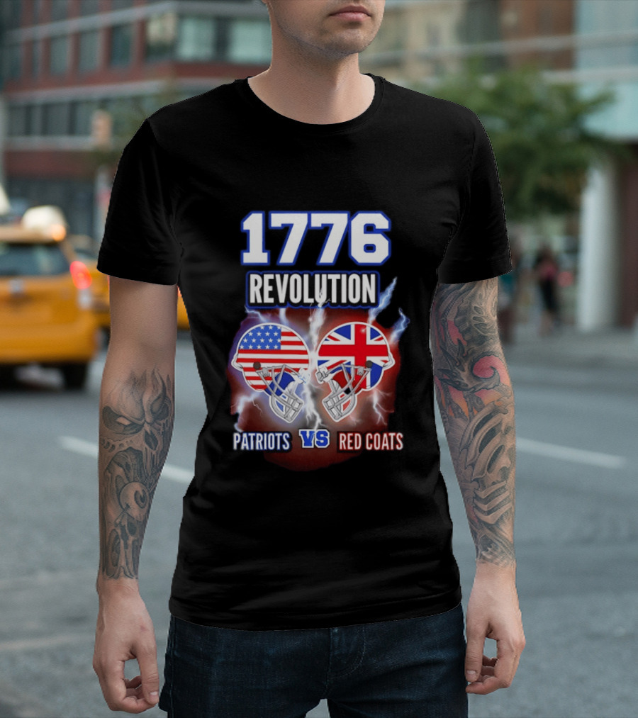 1776 Revolution Patriots Vs Red Coats American Flag British Flag Helmets Clash T-Shirt