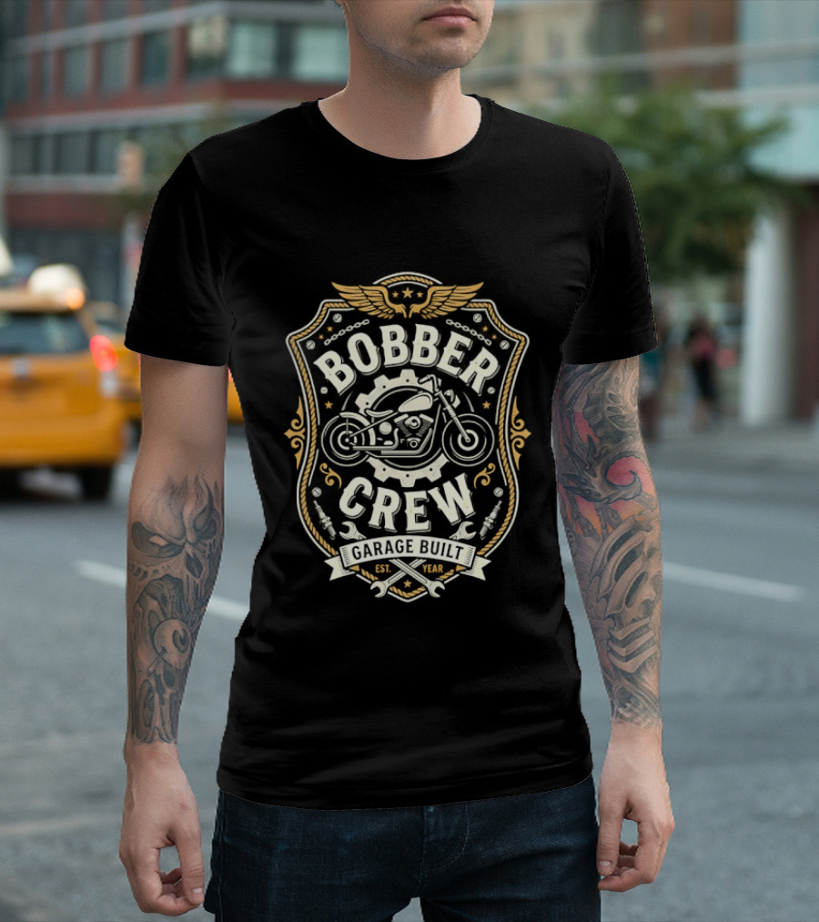 Bobber Crew Garage Built Motorcycle Biker Shield T-Shirt