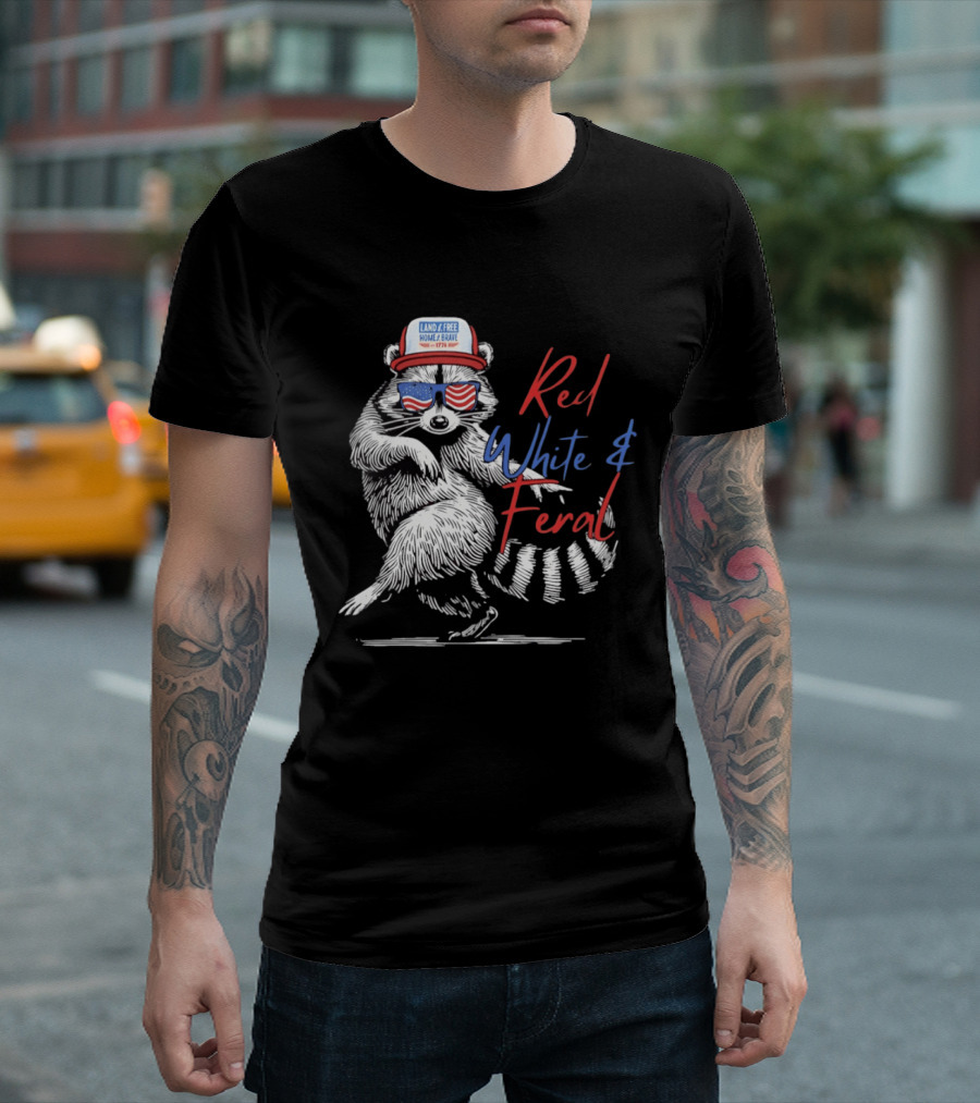 Red White Feral Raccoon Land Of The Free Home Brave 1776 Patriotic USA T-Shirt