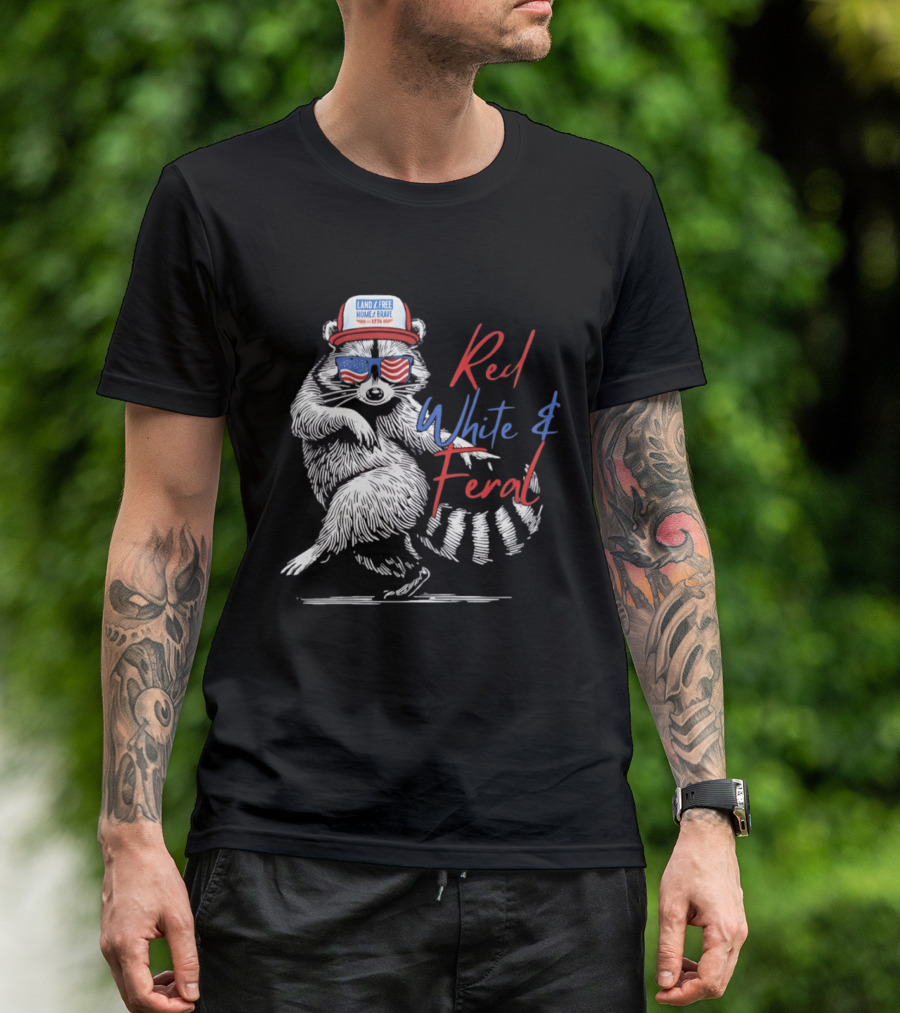 Red White Feral Raccoon Land Of The Free Home Brave 1776 Patriotic USA T-Shirt