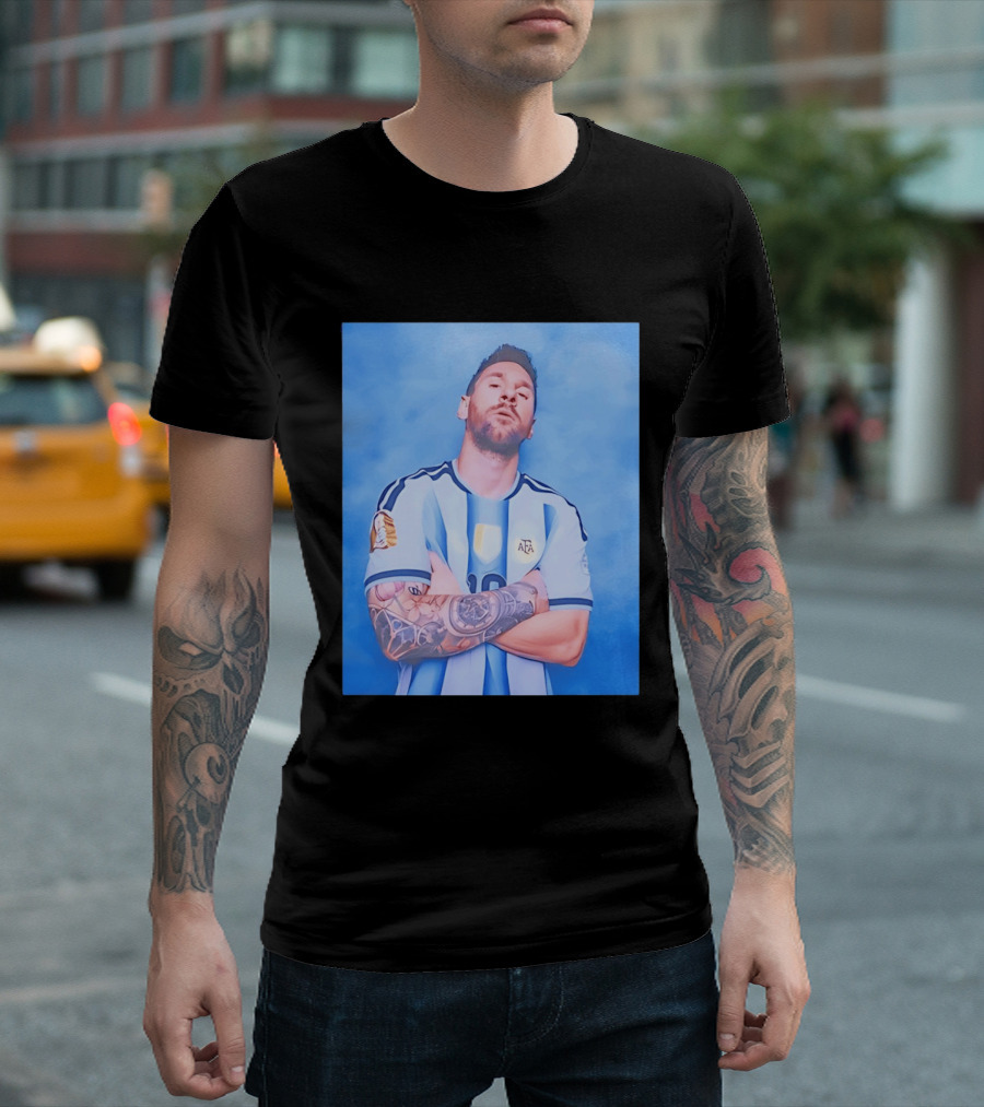 Lionel Messi With Argentina National Team Badge In Blue And White Stripes T-Shirt