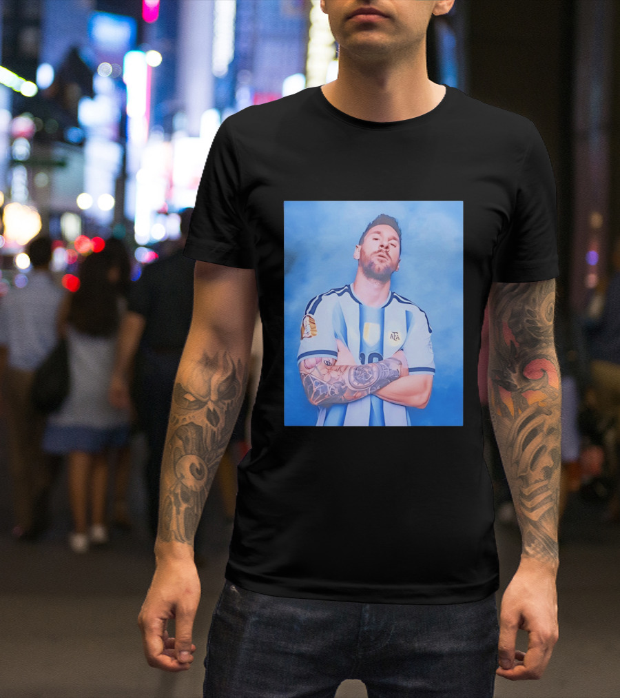 Lionel Messi With Argentina National Team Badge In Blue And White Stripes T-Shirt
