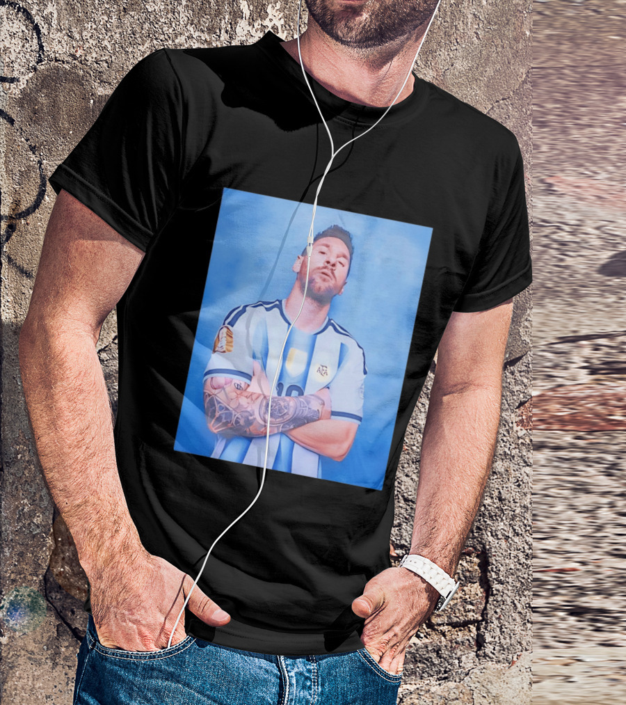 Lionel Messi With Argentina National Team Badge In Blue And White Stripes T-Shirt