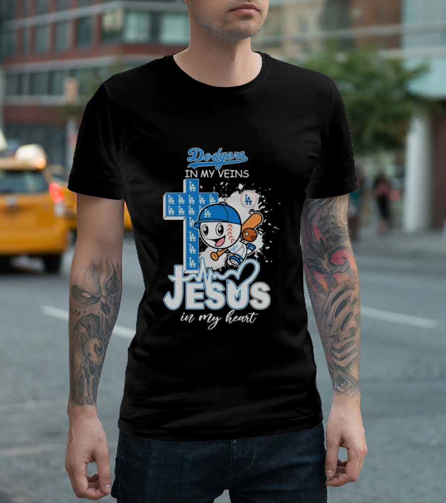 Los Angeles Dodgers In My Veins Jesus In My Heart LA Baseball Cross T-Shirt