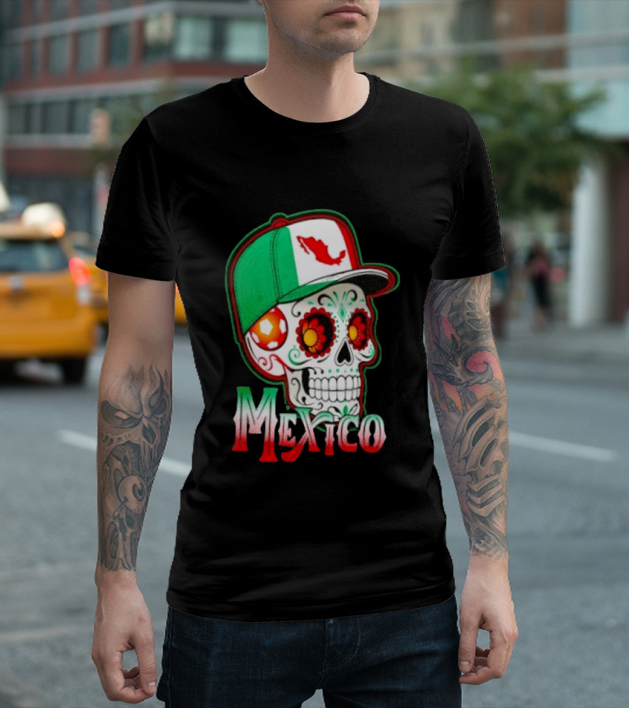Mexico Sugar Skull Hat Map T-Shirt