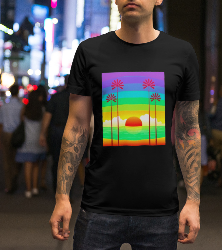 Sunset With Palm Trees And Rainbow Summer Scene T-Shirt