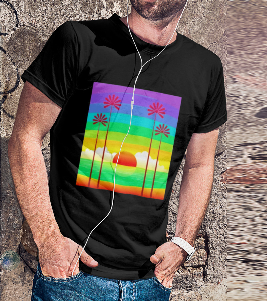 Sunset With Palm Trees And Rainbow Summer Scene T-Shirt