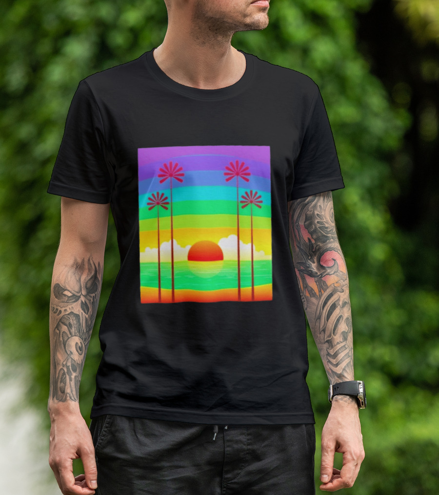 Sunset With Palm Trees And Rainbow Summer Scene T-Shirt