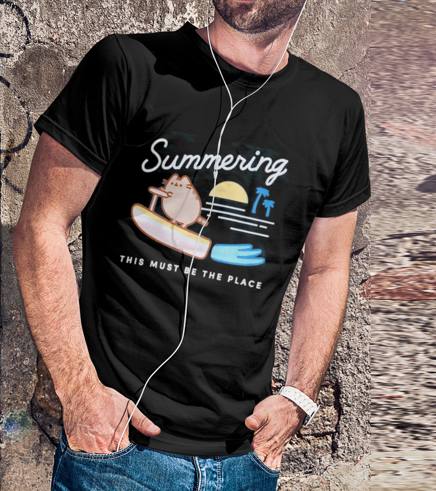 Summering This Must Be The Place Pusheen Surfing Cat Scene T-Shirt