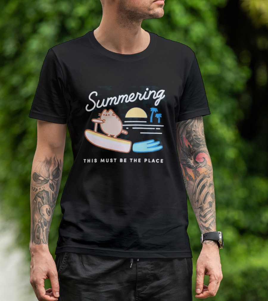 Summering This Must Be The Place Pusheen Surfing Cat Scene T-Shirt