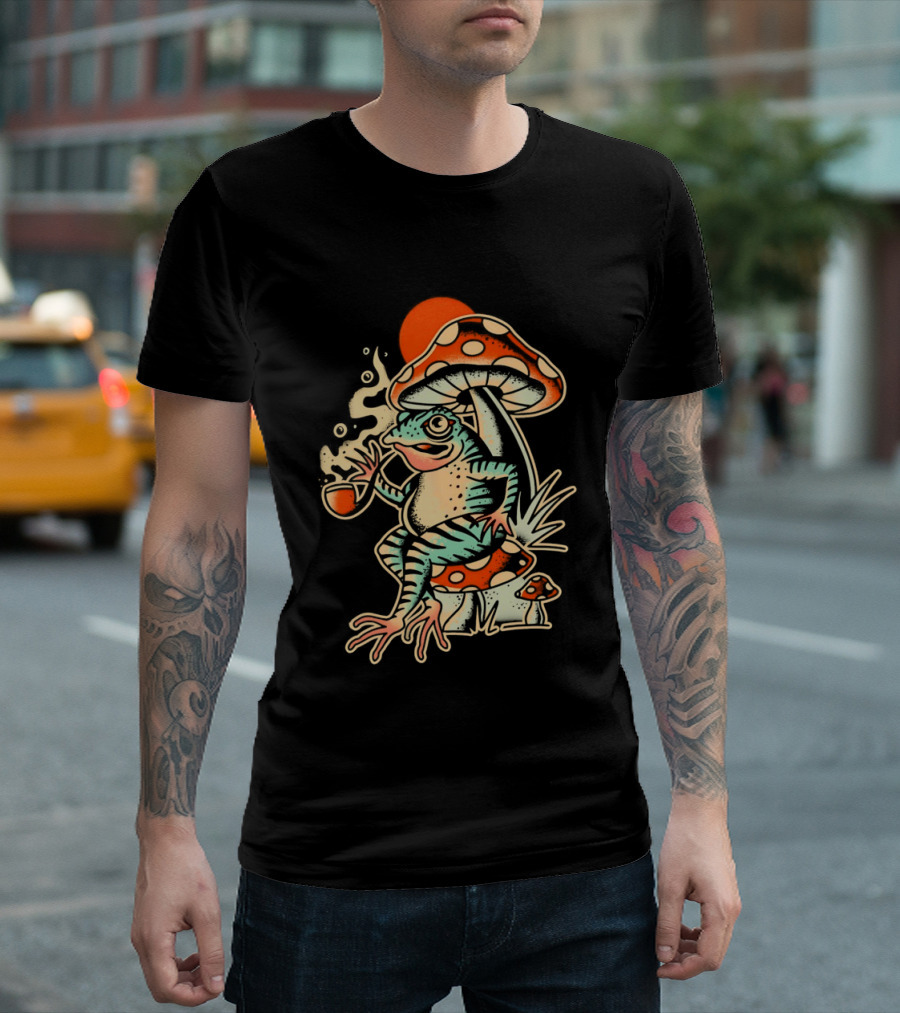 Frog Smoking Pipe Under Mushroom Tattoo T-Shirt