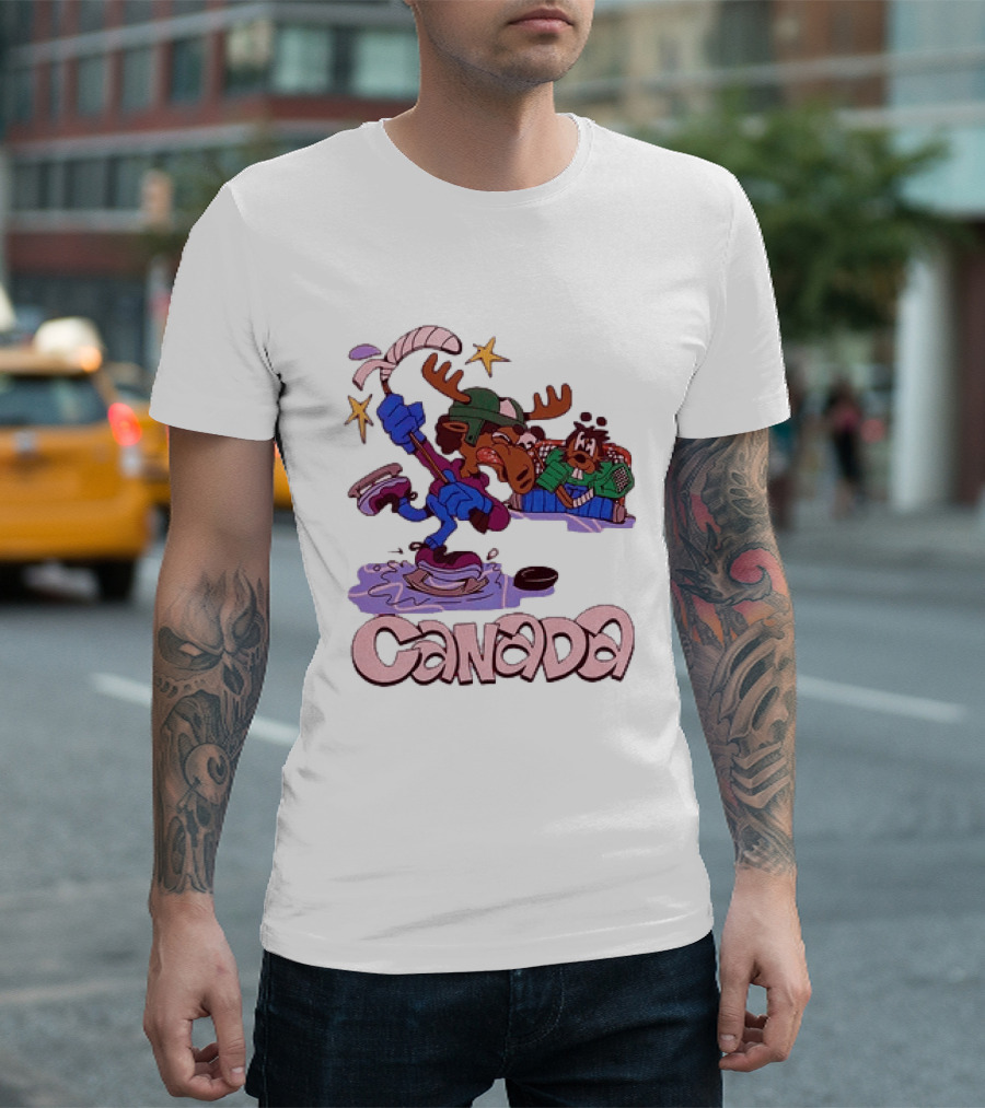 Slushy Noobz Canada Hockey Moose Cartoon Ice Rink Scene T-Shirt