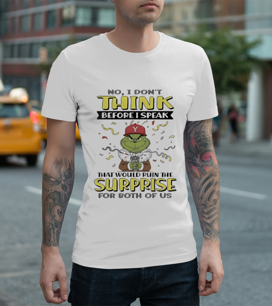 No I Don't Think Before I Speak That Would Ruin The Surprise For Both Of Us Grinning Character In Red Hat With Confetti T-Shirt