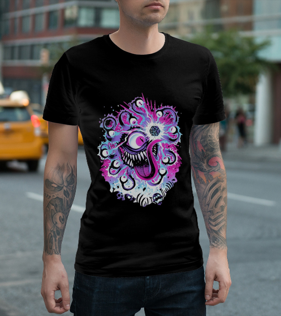 Beholder Dungeons And Dragons Eye Tyrant Illustration With D20 Dice And Psychedelic T-Shirt