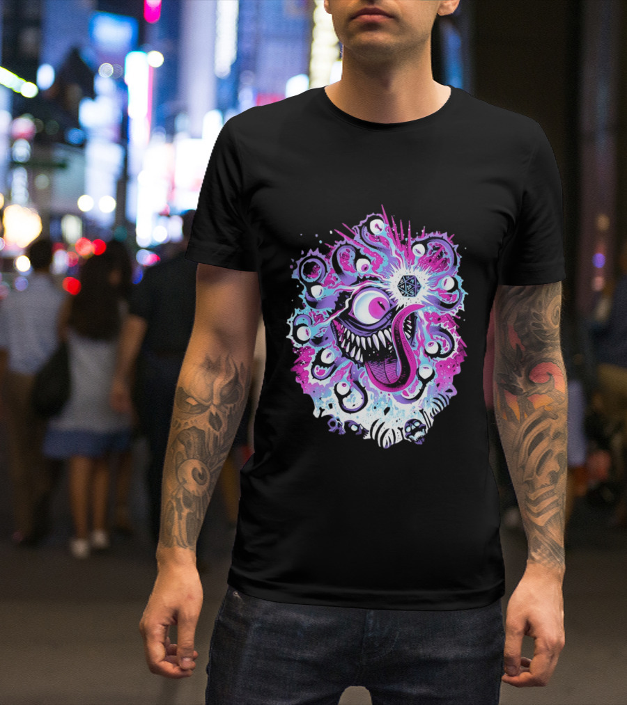Beholder Dungeons And Dragons Eye Tyrant Illustration With D20 Dice And Psychedelic T-Shirt