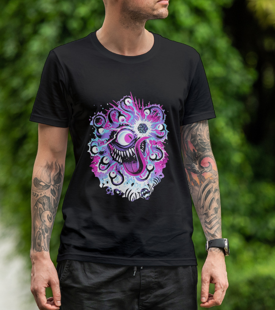 Beholder Dungeons And Dragons Eye Tyrant Illustration With D20 Dice And Psychedelic T-Shirt