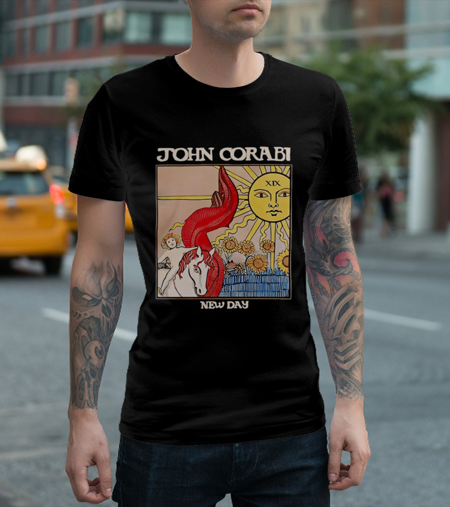John Corabi New Day The Sun XIX Tarot Card Rider And Sunflowers T-Shirt