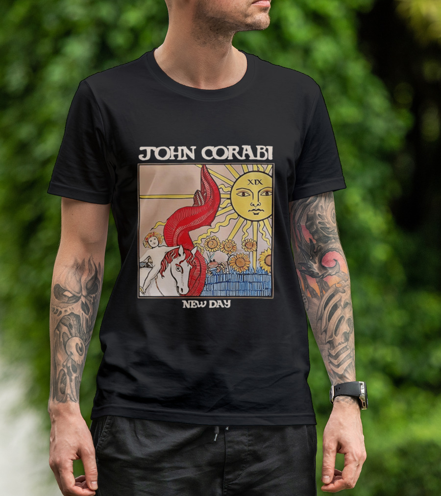 John Corabi New Day The Sun XIX Tarot Card Rider And Sunflowers T-Shirt