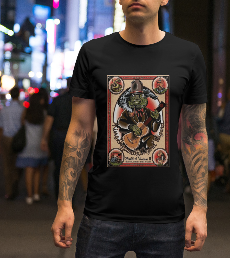 King Gizzard And The Lizard Wizard Field Of Vision II August 14 16 2026 Illustration With Lizard Playing Guitar T-Shirt