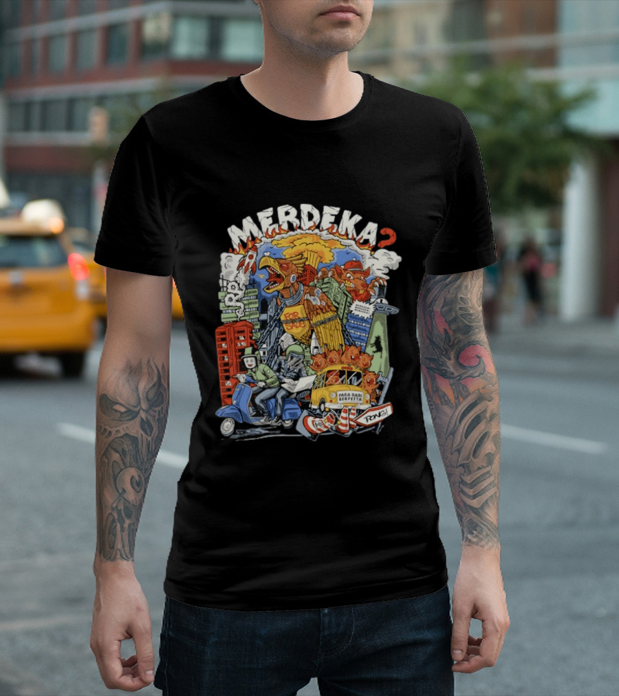 Merdeka Para Babi Berpesta Satire Indonesian Illustration With Cityscape And Mythical Creatures T-Shirt