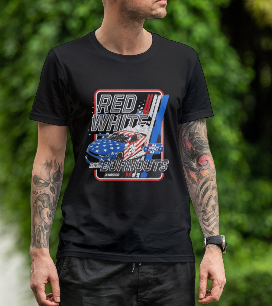 NASCAR Red White Burnouts 250 Racing Car 26 Stars Stripes T-Shirt