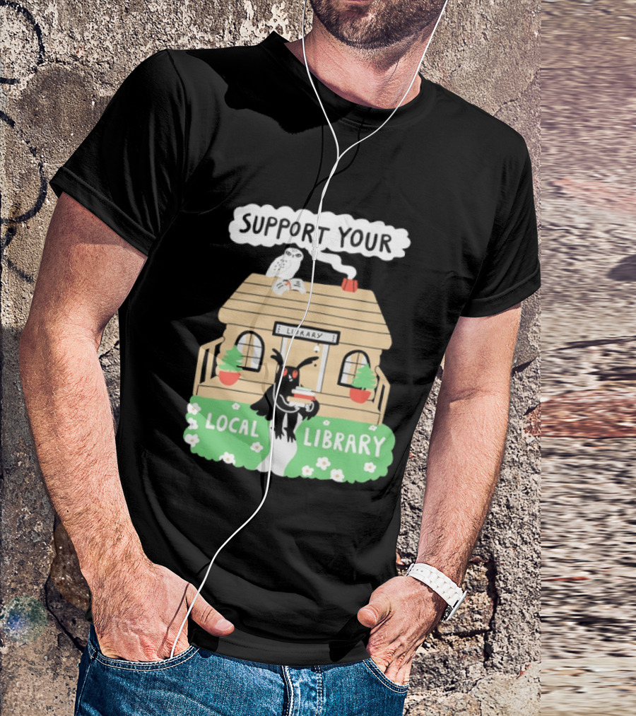 Support Your Local Library Mothman With Books And Cozy Cabin Reading T-Shirt