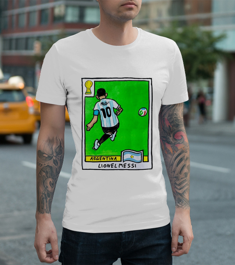 Lionel Messi Argentina Number 10 Football Card With World Cup And National Flag T-Shirt