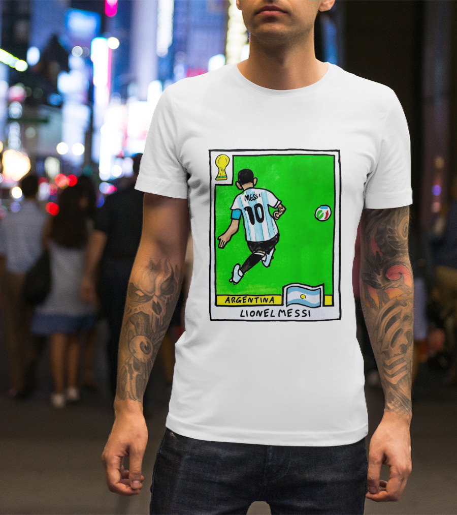 Lionel Messi Argentina Number 10 Football Card With World Cup And National Flag T-Shirt