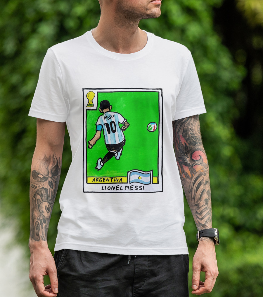Lionel Messi Argentina Number 10 Football Card With World Cup And National Flag T-Shirt