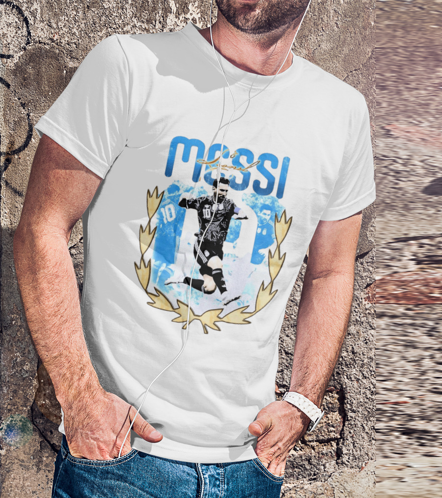 Messi 10 Sliding Celebration With Gold Laurel Wreath T-Shirt