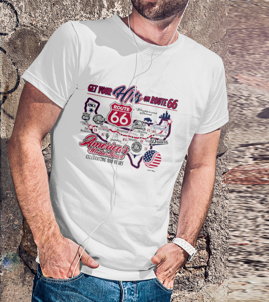Get Your Hits On Route 66 America's Mother Road Celebrating 100 Years Baseball Map T-Shirt