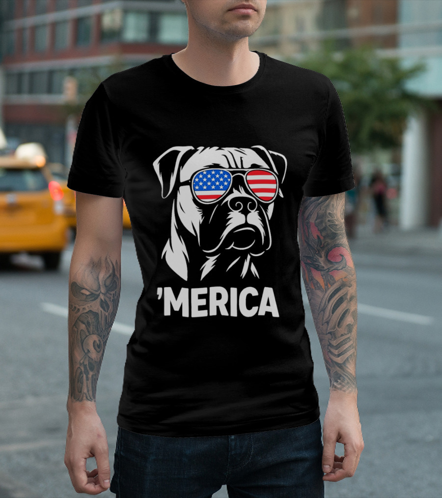 American Bulldog With USA Flag Sunglasses 'Merica T-Shirt