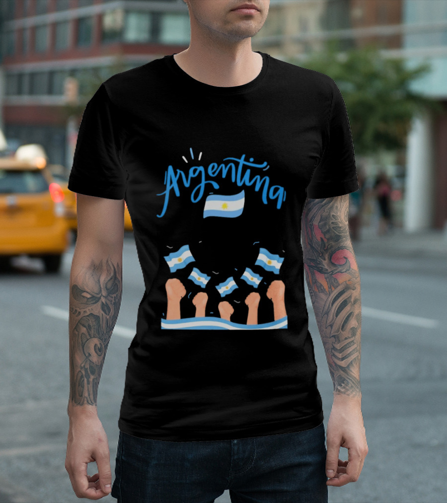 Argentina Celebration Raised Fists Waving Flags Enthusiastic Spirit T-Shirt