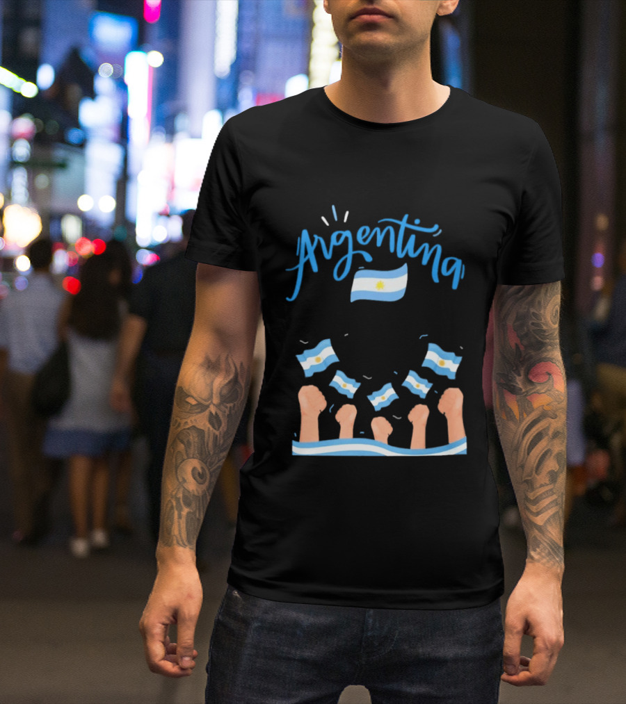 Argentina Celebration Raised Fists Waving Flags Enthusiastic Spirit T-Shirt