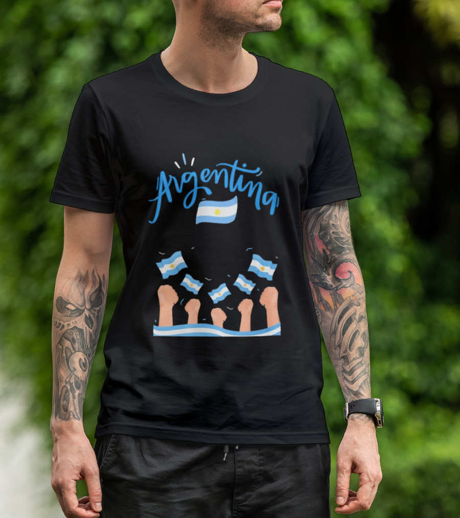 Argentina Celebration Raised Fists Waving Flags Enthusiastic Spirit T-Shirt