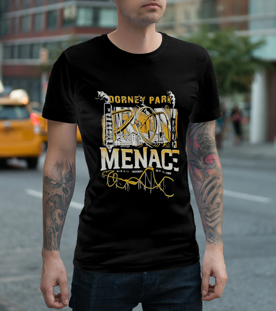Dorney Park Iron Menace 64 Mph 4 Inversions 160 Ft Tall 2169 Ft Industrial Adventure T-Shirt