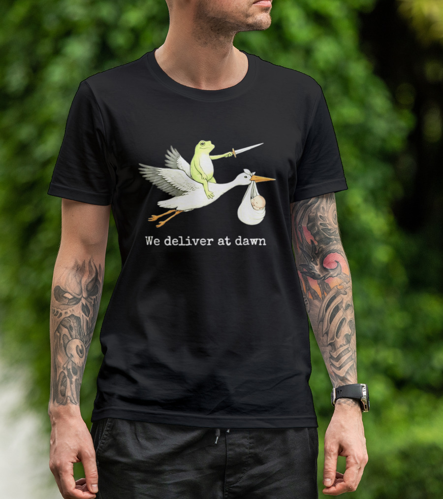 Frog Riding Stork With Sword We Deliver At Dawn T-Shirt